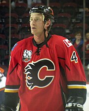 Jay Bouwmeester joined the Flames in 2009 after signing a five-year contract with the team. Jay Bouwmeester Flames.JPG