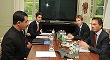 Jitendra Singh; Shri Abhinav Bindra, Indian delegation member and Olympian; Mr. Christophe de Kepper, IOC official and Mr. Jerome Poivey, IOC official, during a meeting, at the International Olympic Committee Headquarters.jpg