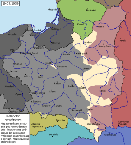 Invasion de la Pologne par l'Allemagne (gris) et l'URSS (violet) en 1939 ; la Lituanie (vert) est neutre.