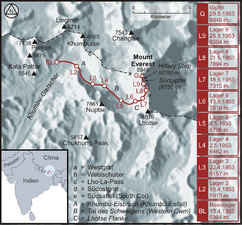 60: Route der Erstbesteigung des Mount Everest durch Edmund Hillary und Tenzing Norgay