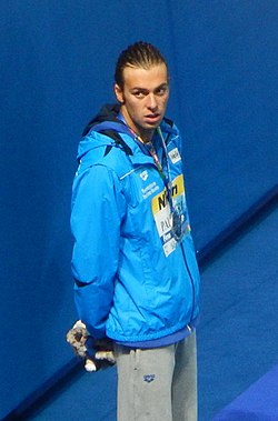 Kazan 2015 - Victory Ceremony 800m freestyle M - Gregorio Paltrinieri (cropped).JPG