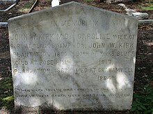 Tombstone for Dr. John Kirk and Caroline Kirk Kirk headstone 2009 640p.JPG