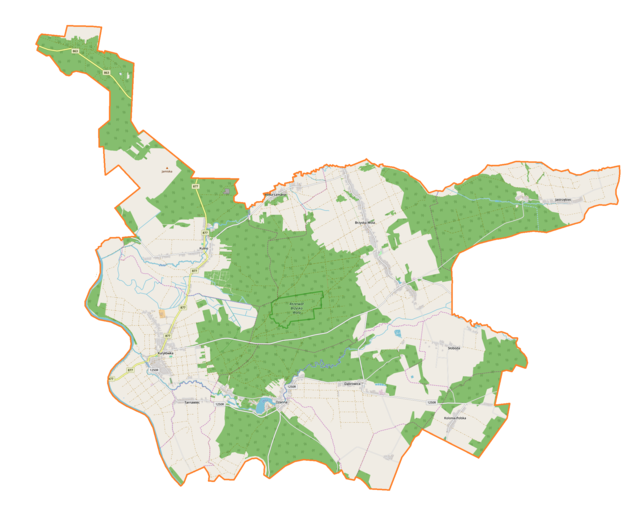 Mapa konturowa gminy Kuryłówka, na dole znajduje się punkt z opisem „Dąbrowica, cerkiew”