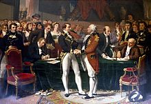 Tableau montrant Joseph Bonaparte et Cornwallis échangeant une poignée de mains au milieu d'une foule tandis que deux hommes signent un document sur une table.
