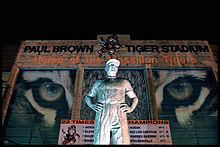 Brown convinced Massillon Washington officials to build a new, bigger football stadium. Completed in 1939, the facility is named Paul Brown Tiger Stadium. Legendary Sentry at Paul Brown Tiger Stadium.jpg