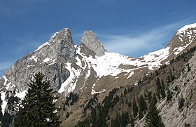 Les Jumelles vom Ufer des Tanay-Sees aus gesehen.