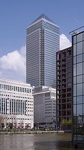 One Canada Square, the 15th-tallest building in Europe and currently the second tallest completed building in the United Kingdom, the tallest being The Shard London MMB S6 Canary Wharf.jpg