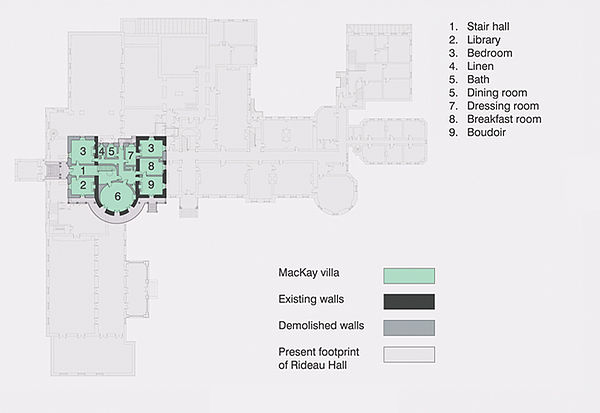 Floor plan of the original McKay villa superimposed over the present day footprint of Rideau Hall. The building was significantly expanded after its a