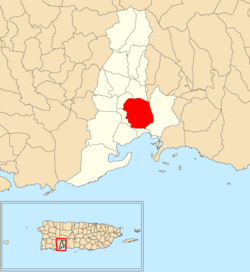 Locatie van Magas binnen de gemeente Guayanilla in rood weergegeven