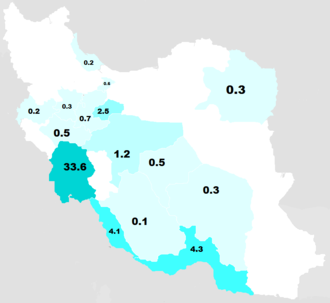 A 2010 survey found that Arabs constitute 33.6% of the population in Khuzestan Province, the largest nationwide Map of Arabian-inhabited provinces of Iran, according to a poll in 2010.PNG