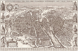 Carte de Paris en 1618. Y apparaissent l'enceinte de Philippe Auguste en rive gauche (à droite de l'image), l'enceinte de Charles V en rive droite et l'enceinte des Fossés jaunes au premier plan. (définition réelle 20 207 × 13 139)