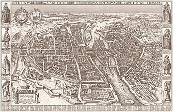 Carte de Paris en 1618. Y apparaissent l'enceinte de Philippe Auguste en rive gauche (à droite de l'image), l'enceinte de Charles V en rive droite et l'enceinte des Fossés jaunes au premier plan. (définition réelle 20 207 × 13 139)
