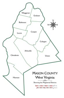 Oversigt over Mason County, West Virginia, der viser grænserne og navnene på amtets ti magistratsdistrikter.