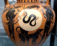 Christopher Tolkien linked the Haradrim with ancient Aethiopians. Black-figure Attic amphora with the Aethiopian king Memnon, a serpent emblem on his round shield, flanked by two of his warriors, c. 510 BC Memnon Aithiopides Staatliche Antikensammlungen 1507 side A.jpg