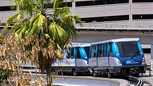 Innovia APM 100 vehicles on the Metromover in Miami Metromover double-unit train Omni 2012-04.jpg