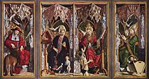 米夏埃尔·帕赫的《教堂神父祭坛画》（Altarpiece of the Church Fathers），中联216 × 196cm，两侧216 × 91cm，约作于1482-1483年，来自修道院的收藏[17]