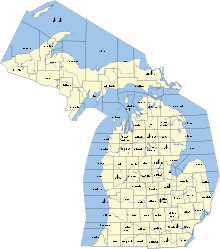 An enlargeable map of the 83 counties of the state of Michigan MichiganCounties.svg