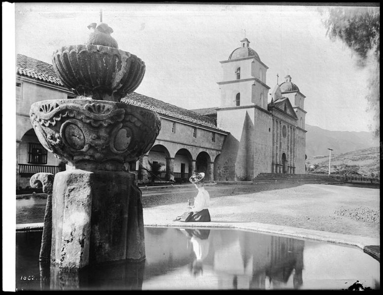 File:Mission Santa Barbara, showing Moorish fountain and woman in foreground, 1908 (CHS-1862).jpg