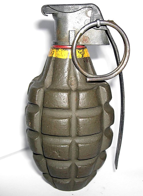 Grooved body of a Second World War-era U.S. Mk 2 grenade. The grooves covering the exterior of the grenade are used to aid in the gripping of the gren