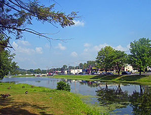 Downtown Monroe with millpond and park in the foreground