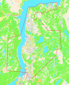 Mapa konturowa Murmańska, na dole znajduje się punkt z opisem „Parafia św. Michała Archanioła w Murmańsku”