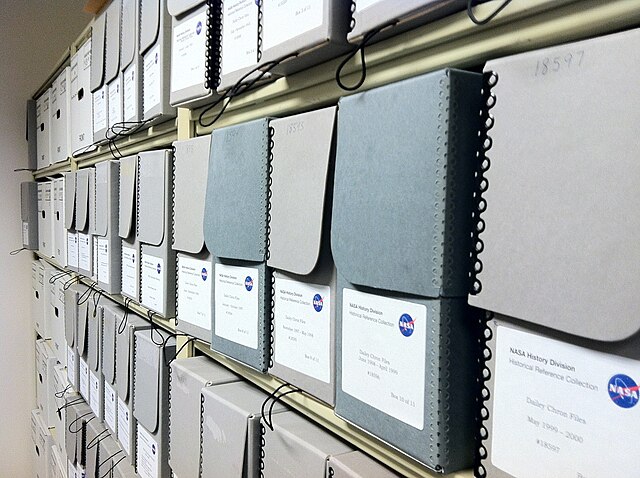 Archival boxes at the NASA archives