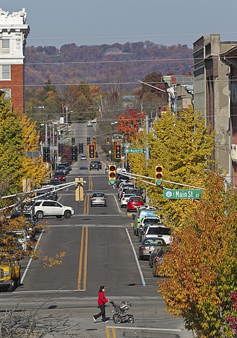 Pearl Street in downtown New Albany. The Knobs can be seen in the distance.