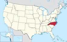 Amerika Birleşik Devletleri haritası ile Kuzey Carolina vurgulanmıştır