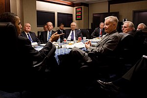 Former National Security Advisers meet with President Barack Obama in 2010. Seated at the table, from left, are Brent Scowcroft, Bud McFarlane, Colin Powell, Dennis Ross, Sandy Berger, Frank Carlucci, and Brzezinski. Obama with former National Security Advisers 2010.jpg