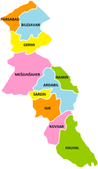 Mešginšaherski okrug na karti Ardabilske pokrajine (označen rozom na sjeveru)