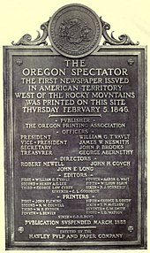 Tablet unveiled Aug 9, 1919 commemorating the Oregon Spectator. Oregon Spectator tablet.jpeg