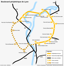 Schéma du périphérique lyonnais actuel, ainsi que le projet de bouclage sur sa section ouest.