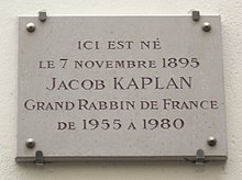 Plaque Jacob Kaplan, 21 rue des Écouffes, Paris 4.jpg