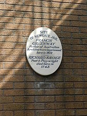 Plaque on the wall of the old site of Bristol Newgate Prison Plaque on Site of Newgate Jail - now The Galleries Shopping Centre (9211254196).jpg