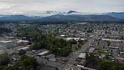 Aerial view of downtown Port Angeles, looking towards the Olympic Mountains