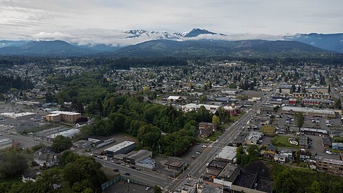Aerial view of downtown Port Angeles, looking towards the Olympic Mountains