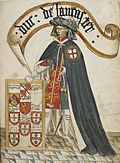 Henri de Grosmont, représenté en chevalier de l'ordre de la Jarretière dans le Bruges Garter Book (vers 1430), de William Bruges.