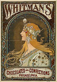 Whitman's Chocolates and Confections, Philadelphia, 19th century advertisement poster by Alphonse Mucha Poster Whitman's Chocolates, Philadelphia.jpg