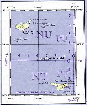 Üstte Mors Adası ile Pribilof Adaları Haritası.