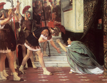 Proclaiming Claudius Emperor, by Lawrence Alma-Tadema, oil on canvas, 1867. According to one version of the story of Claudius' accession, members of the Praetorian Guard found him hiding behind a curtain in the aftermath of the assassination of Caligula in AD 41, and proclaimed him emperor. Proclaiming claudius emperor.png