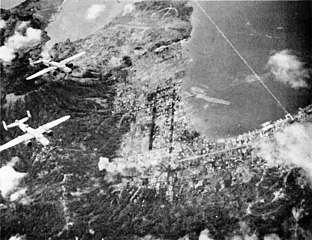 Rabaul under air attack by B-25's of ComAirSols Bomber Command