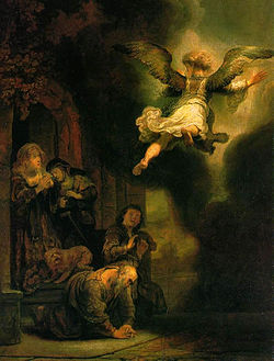 L’ange s’éloignant de la famille de Tobias, 1637, Rembrandt (huile sur bois, 68 × 52 cm, Musée du Louvre)