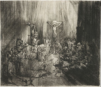 Rembrandt Harmensz.  van Rijn, hollanti (aktiivinen Leiden ja Amsterdam) - Kristus ristiinnaulittu kahden varkaan väliin (The Three Crosses) - Google Art Project.jpg