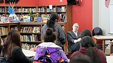Secretary of the Interior Ryan Zinke in the school library during a visit in 2018. Riverside Indian School Principal.jpg