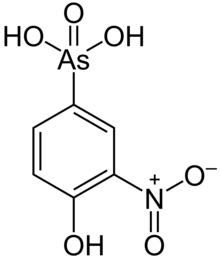 Roxarsone is a controversial arsenic compound used as a feed ingredient for chickens. Roxarsone.png
