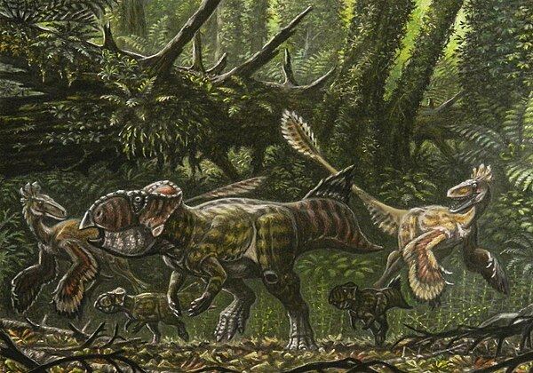 Restoration of a pair of Saurornitholestes hunting Cerasinops