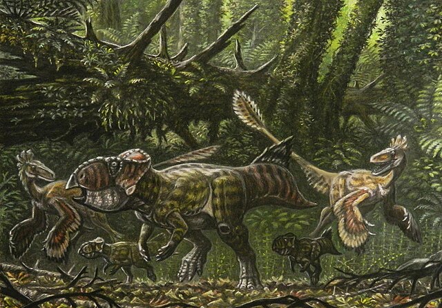 Restoration of a pair of Saurornitholestes hunting Cerasinops