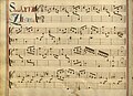 partitura manuscrita mejorada con colores, título rojo y azul