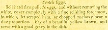 Receta para huevos escoceses, usando cinco huevos de gallina cubiertos de carne picada y fritos hasta que se doren;  servido caliente con salsa