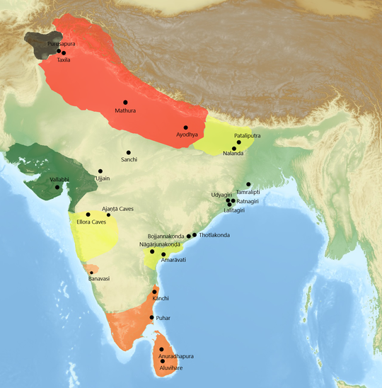 Map of the major geographical centers of major Buddhist schools in South Asia, at around the time of Xuanzang's visit in the seventh century.* Red: non-Pudgalavāda Sarvāstivāda school* Orange: non-Dharmaguptaka Vibhajyavāda schools* Yellow: Mahāsāṃghika* Green: Pudgalavāda (Green)* Gray: DharmaguptakaNote the red and grey schools already gave some original ideas of Mahayana Buddhism and the Sri Lankan section (see Tamrashatiya) of the orange school is the origin of modern Theravada Buddhism.